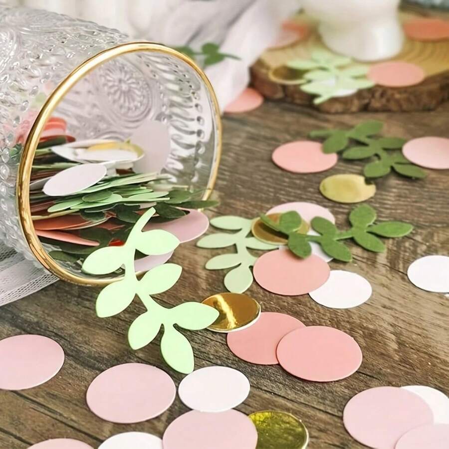100pcs EcoPapers Golden Pink Polka Dot & Greenery Confetti, Universal Holiday Paper Decorations For Birthday, Bridal Shower, Wedding Celebrations - Table Scatter Decor
