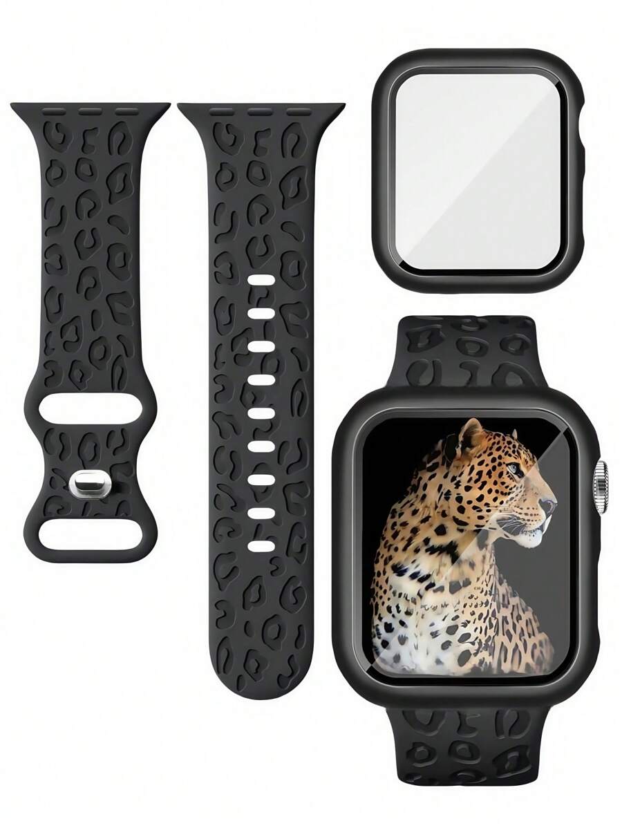 3 in 1 Mode Neue Silikon Leopard Muster Armband, Bildschirmschutzfolie und Schutzglas Hülle kompatibel mit 38mm 40mm 41mm 45mm 44mm 42mm 46mm 49mm, kompatibel mit Ultra Serie Ultra 10 9 8 7 6 5 4 3 2 1 SE, komfortables & atmungsaktives Armband, kratzfest, wasserdicht, stoßfeste Uhren Schutzhülle für Frauen und Männer