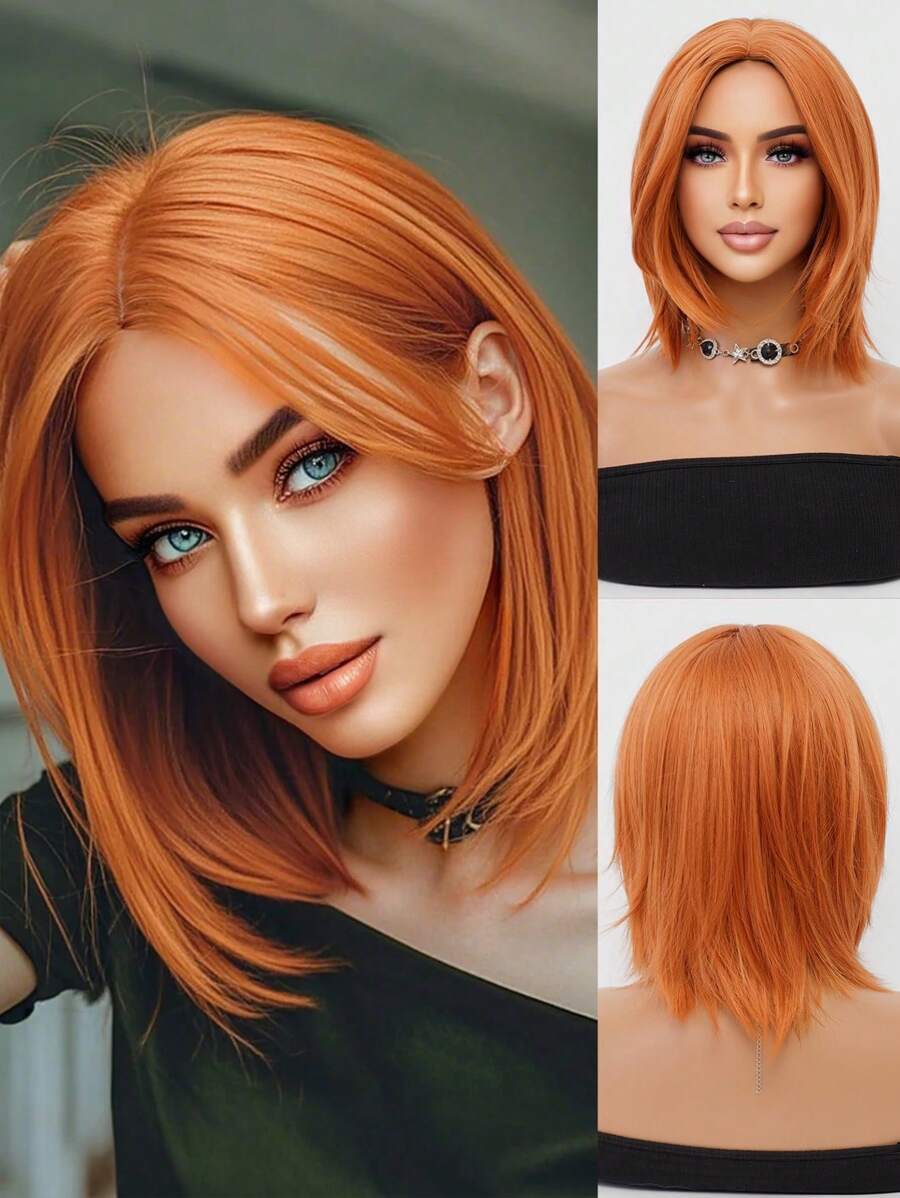 Hermosa peluca naranja con raya central, corta y tipo bob hasta los hombros de 14 pulgadas, con capas finas y fibra sintética transpirable resistente al calor, ideal para uso diario, fiestas, bodas, natural, romántica, casual, calle, fácil de usar, con diseño antideslizante, peluca corta y recta adecuada para cualquier forma de rostro