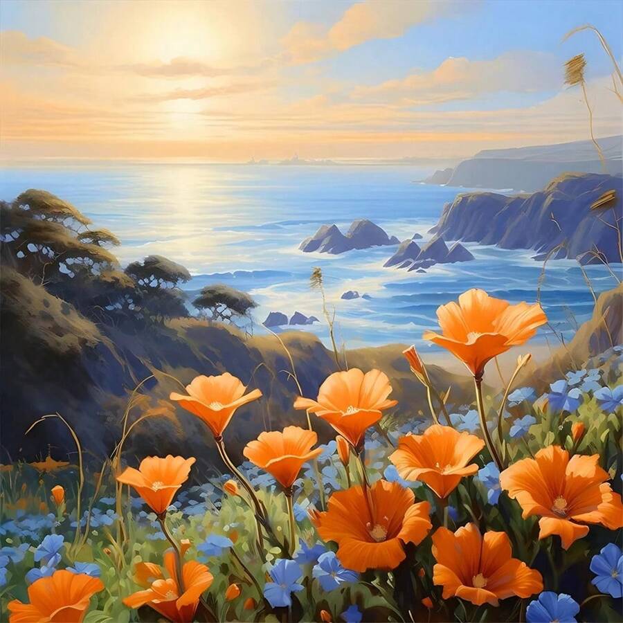 1pc, Flowers On The Coast - Adult Diamond Painting Kit 5D DIY Diamond Painting Full Drill Diamond Painting For Beginners, Art Home Wall Decor, Suitable For Beginners, 5D Diamond Painting Kit, Diamond Painting Kit, Complete Diamonds, Mosaic Set, Suitable For Home Wall Decor And Friend's Holiday Gifts, Unframed Canvas Wall Art, Suitable For Bedroom, Office, Living Room