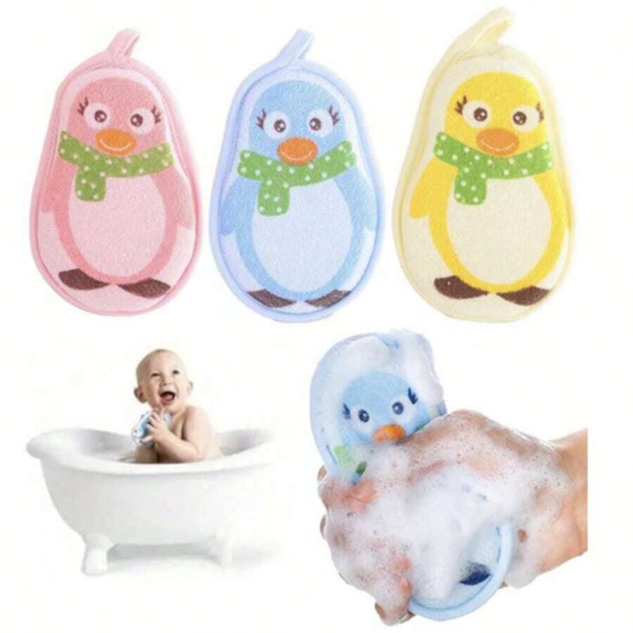 2pcs Cartoon Penguin Baby Bath Sponge, Newborn Baby Shampoo Washing Scrub Towel Bath Ball