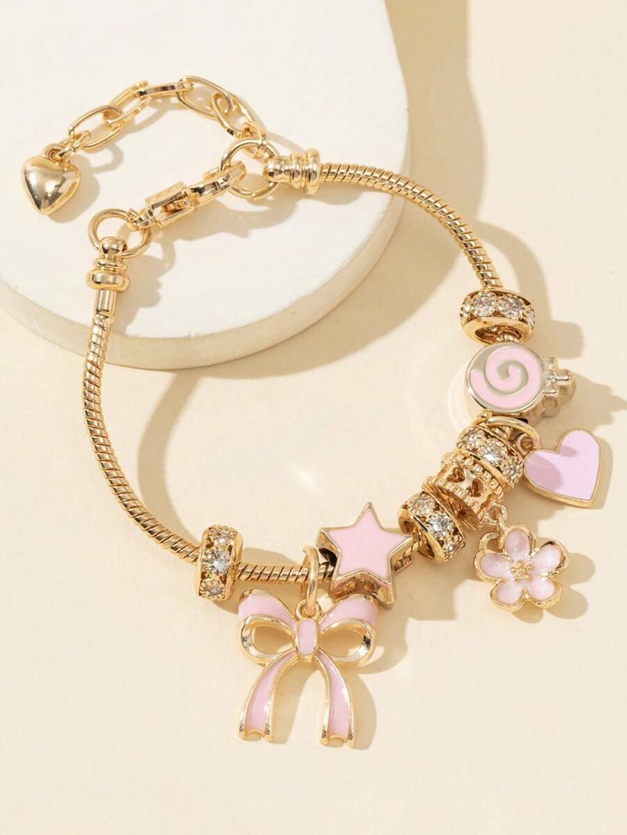 1 pieza Pulsera de aleación de oro lujosa, joyería de pulsera rosa con estilo, con temática de flor, moño y amor, regalo primavera/verano