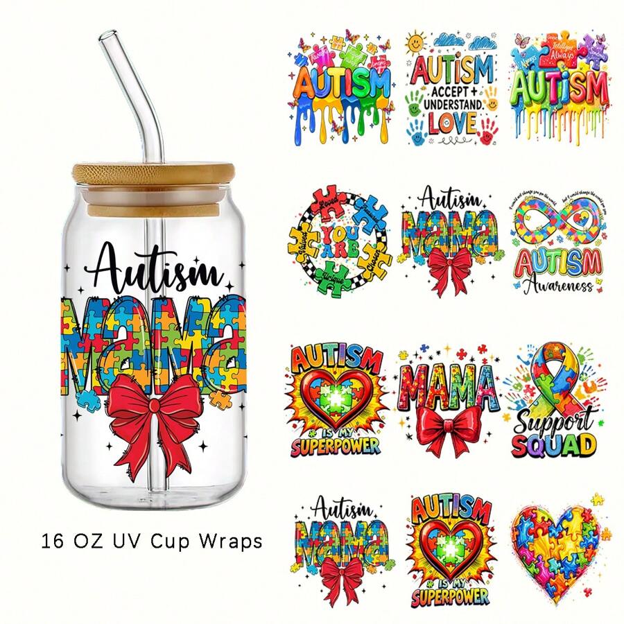 4pcs Autism Awareness UV DTF Stickers Set, Self-Adhesive Waterproof Scratch-Resistant Decals For 16oz Glass Jars, Mugs & DIY Crafts - Vibrant Designs With Autism Symbols & Inspirational Messages