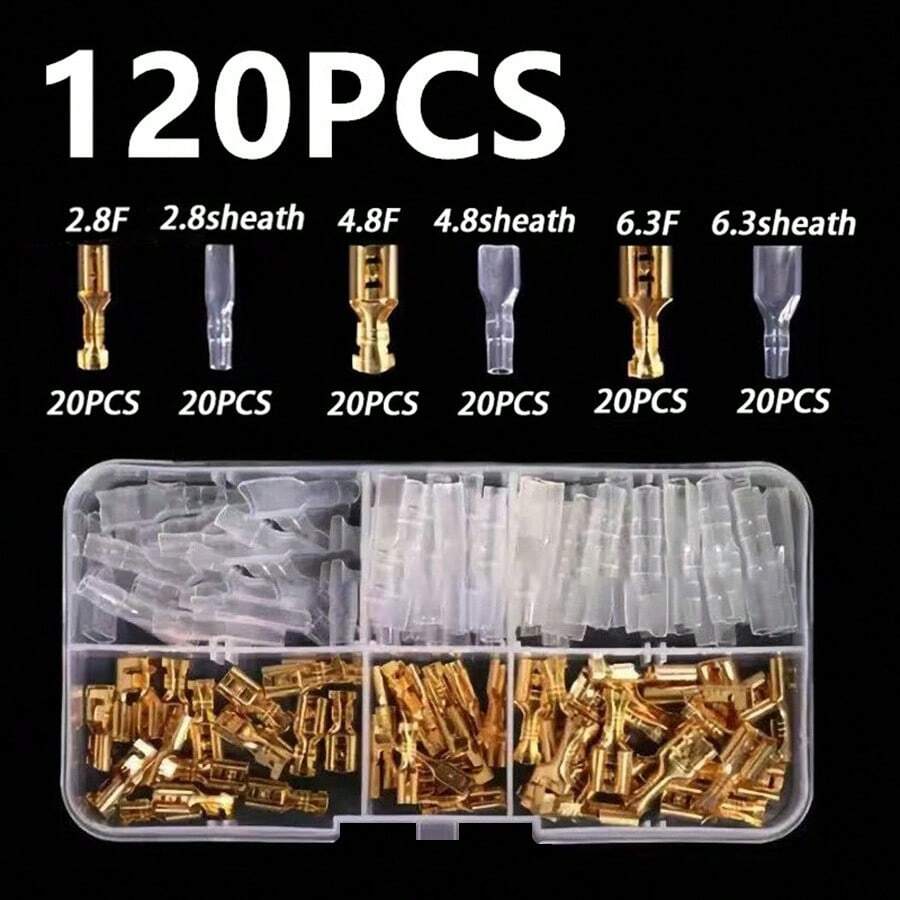 (120 Stücke) Goldener Messing Kfz-Lautsprecher Elektrik-Drahtverbinder Set Crimpanschluss Verbinder 6,3 mm/4,8 mm/2,8 mm - mit Muffe