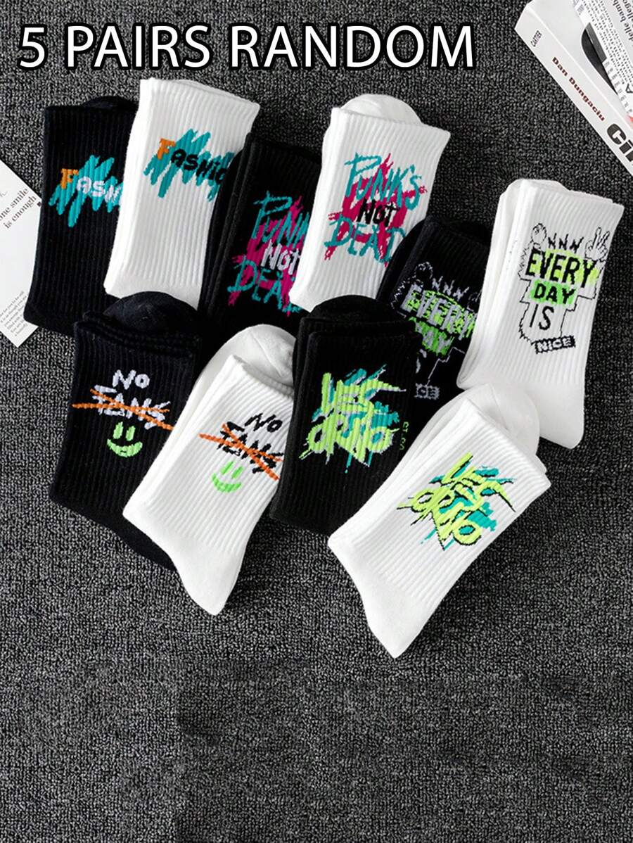 5 pares aleatorios de calcetines multicolor con diseño de graffiti para hombre, cómodos y versátiles, se pueden usar en todas las estaciones, calcetines nuevos