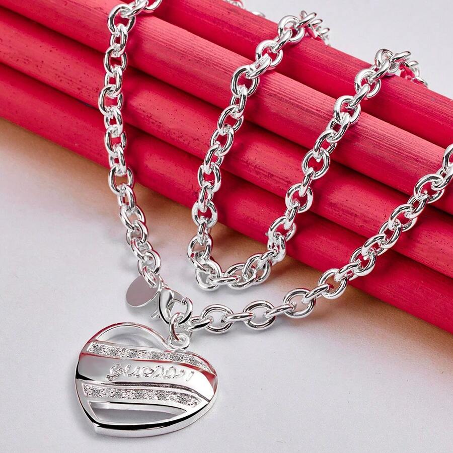 Charm Silver Heart Shaped Love Pendant Necklace For Women Fashion Wedding Party Charm Jewelry