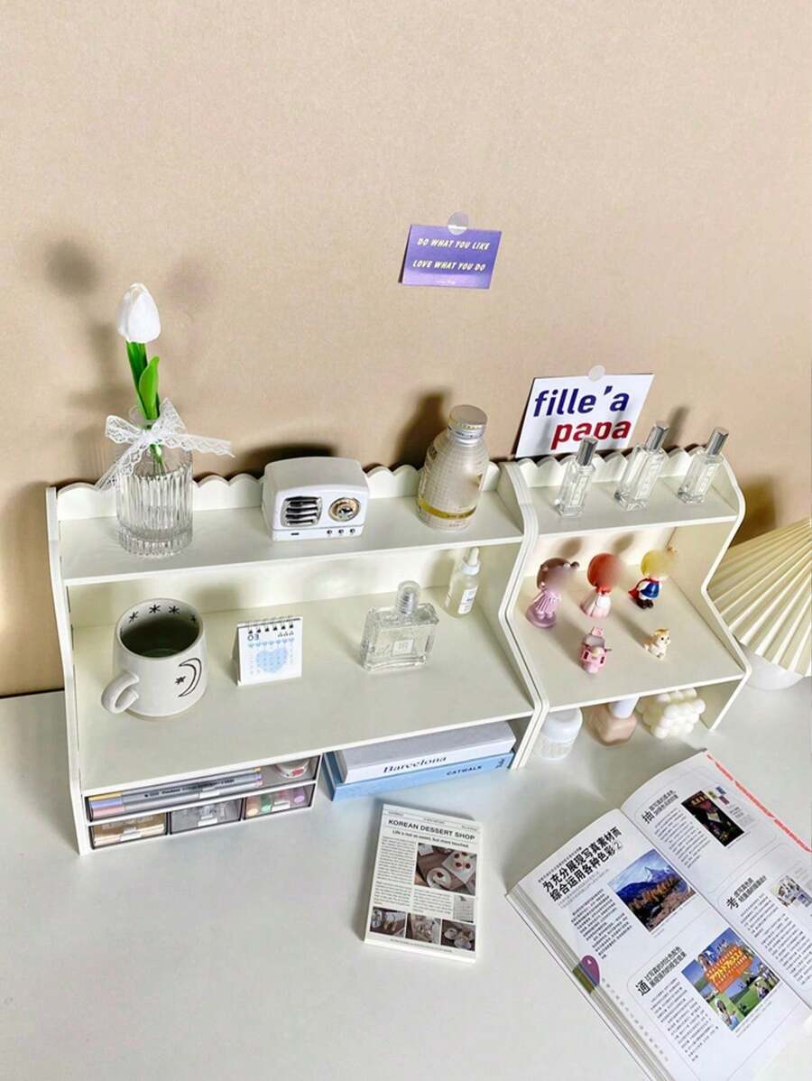 1pc White Wood-Plastic Composite Splicing Desktop Standing Shelf, Suitable For Storing Cosmetics, Perfumes, Jewelry, Stationery, And Miscellaneous Items In Bedroom, Living Room, Study, Office, And Dorm