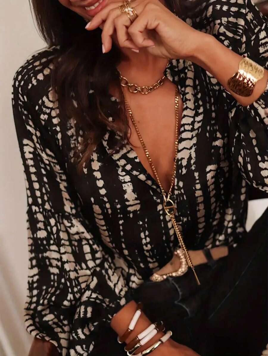 Women's Spring/Summer Vacation Floral Print Blouse - Elegant Lantern Sleeve, Button Collar, Lightweight Polyester, All-Over Printed Summer Shirt