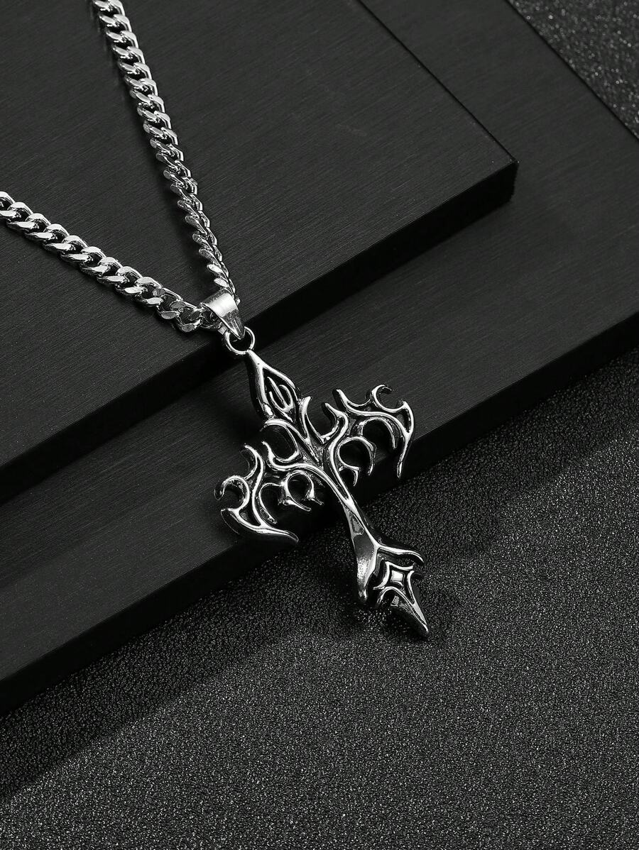 1 Stück Mode Europäischer & Amerikanischer Retro Stil umkehrbarer Kreuz Anhänger Halskette für Herren, personalisierte lange Edelstahl Kette, kann für den täglichen Gebrauch allein getragen werden