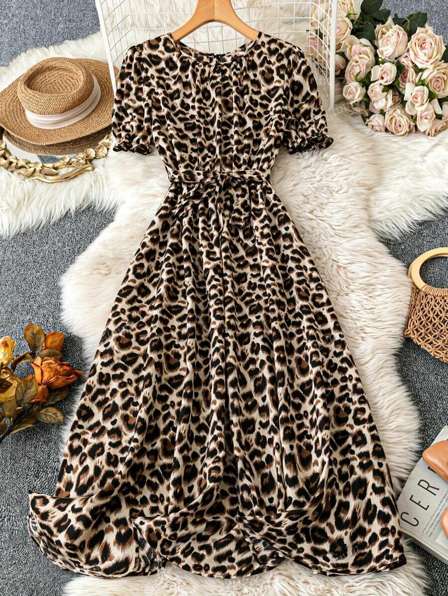 Women's Leopard Print Crew Neck Puff Sleeve Casual Long Dress