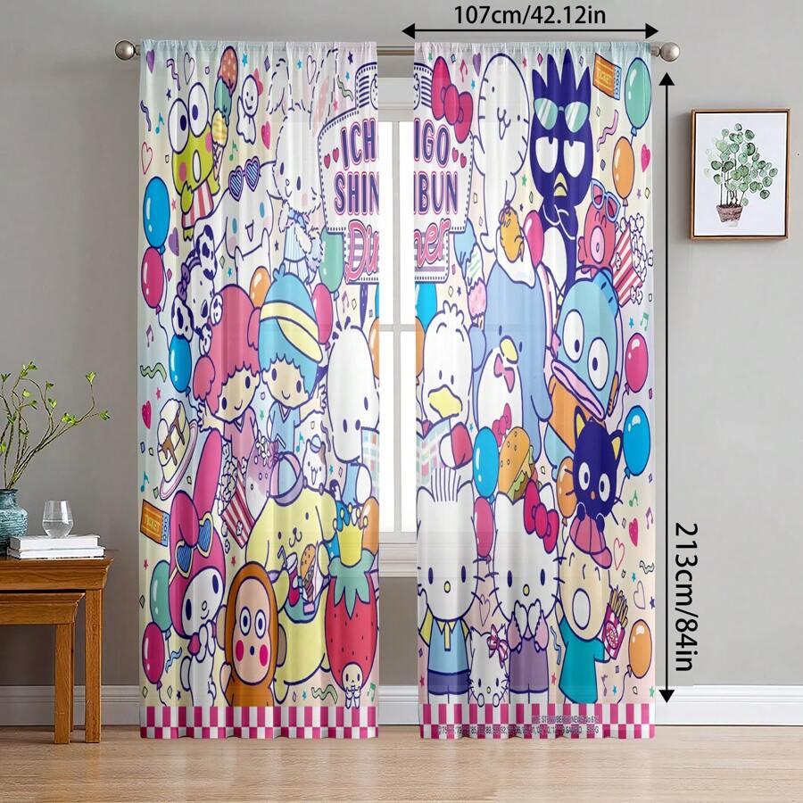 Sanrio 2 Pcs Sanrio Hello Kitty, Kuromi, Pompompurin Themed Semi-Sheer Curtains - Made Of Polyester, Rod Pocket Design For Easy Hanging, Cartoon Printed Curtain Suitable For Bedroom, Office, Living Room, Home Decor