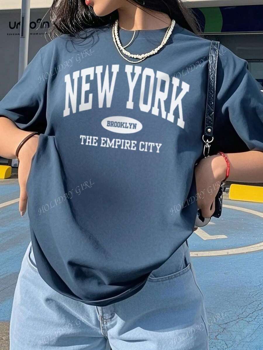 Ladies' Summer Letter Printed Round Neck Off Shoulder Sleeves Loose Casual T-Shirt For Daily Casual Fashion And Versatility. Graphic Tees Women White Top Black Top Pink Top Vacation Outfits Women