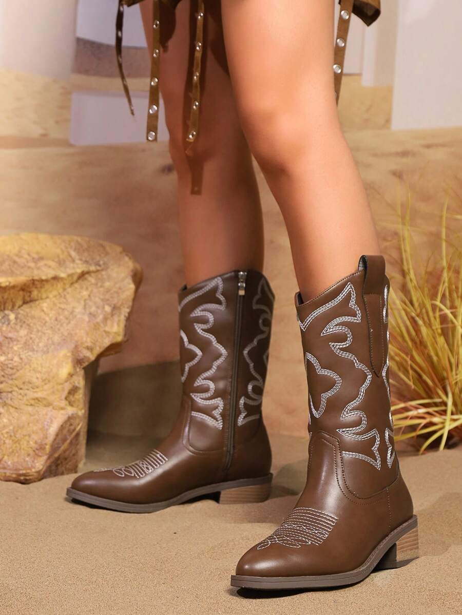 Women's Fashion Embroidered Leather Brown Western Boots, Pointed Toe Block Heel Ankle Boots With Side Zipper For Easy On/Off, Stylish Chunky Heel Chelsea Boots, Casual Punk Rock Fashionable Outdoor Boots