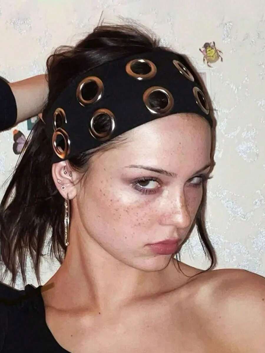 1 pieza Diadema elástica ancha con ojales calados de estilo punk rock y steampunk para niña, accesorio para el cabello para deportes y uso casual, turbante