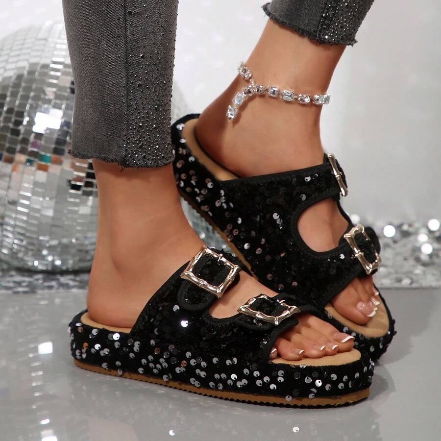 Women's New Thick Sole Sandals, Sequined Upper Design, Textile Upper, Cork Insole, Rubber Outsole, Suitable For Casual, Fashion, Beach, , Sexy Textile Strap Flat Sandals For Beach, Wedding, Party, Outdoor, Office, Summer