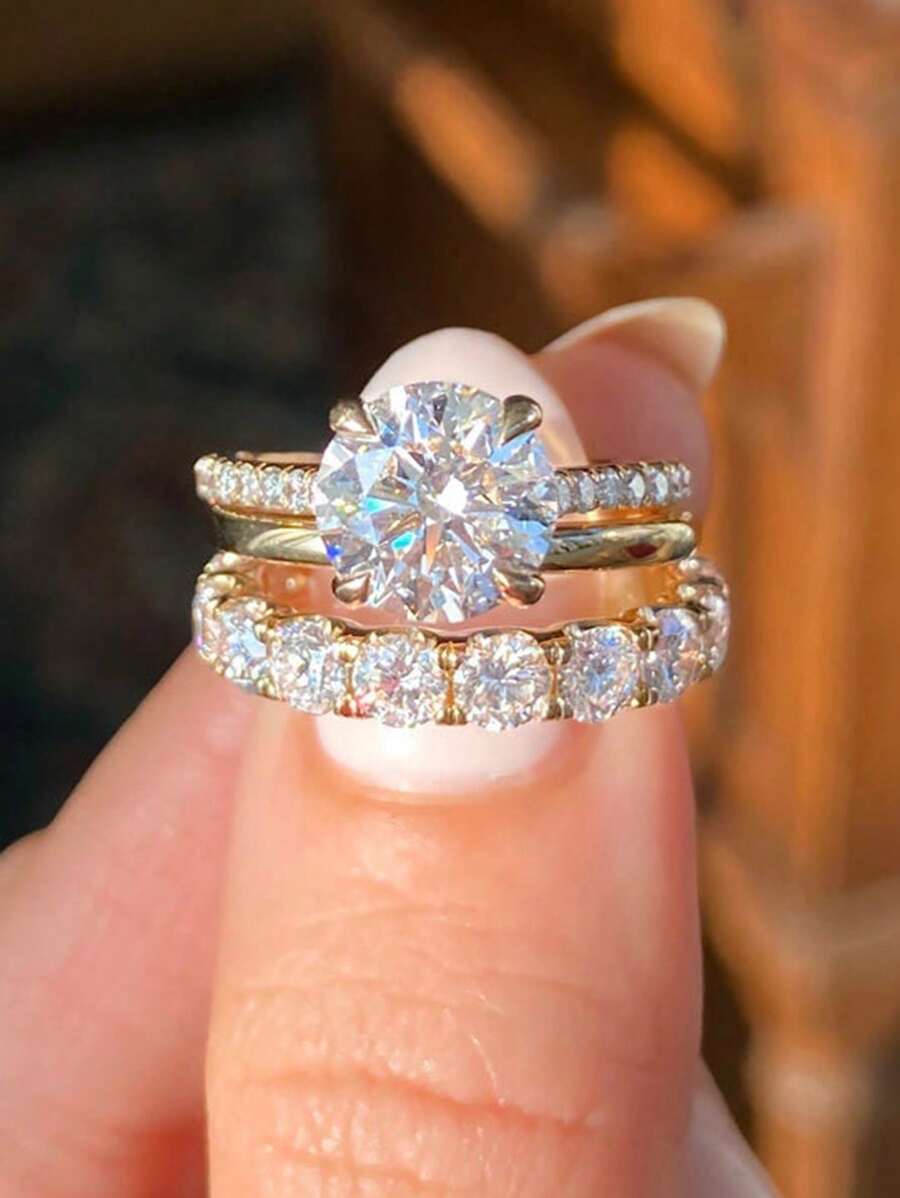 3pcs White Zirconia 3 Pieces Ring Set, Fashionable Ring Set For Women, Suitable For Christmas Wear