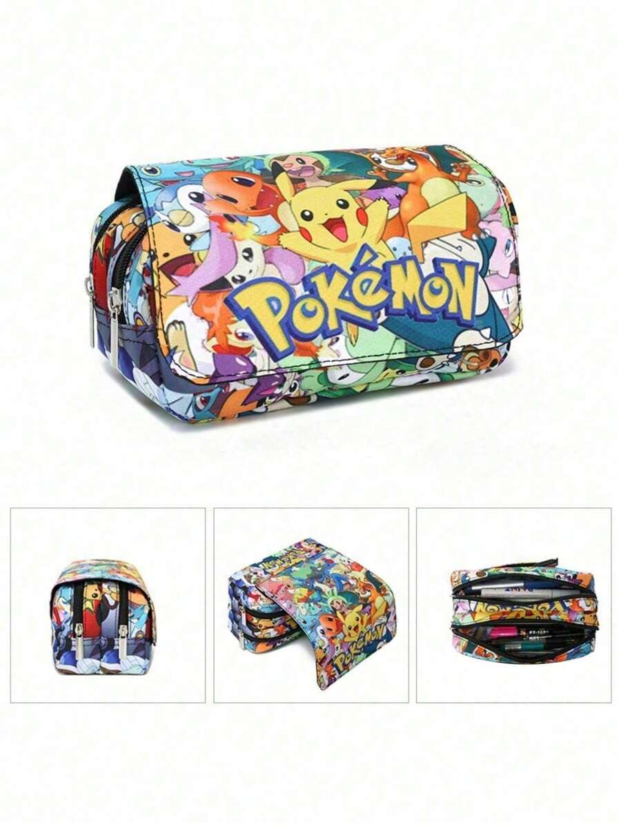 Bolsa de lápices con estampado completo de Pokémon, de doble capa con solapa, para lápices, labiales, brochas, productos de cuidado de la piel, teléfonos móviles, monedas, artículos pequeños, para el hogar, regalos, vacaciones y festivales como Halloween y Navidad. Bolsa multifuncional para la escuela y accesorios escolares.