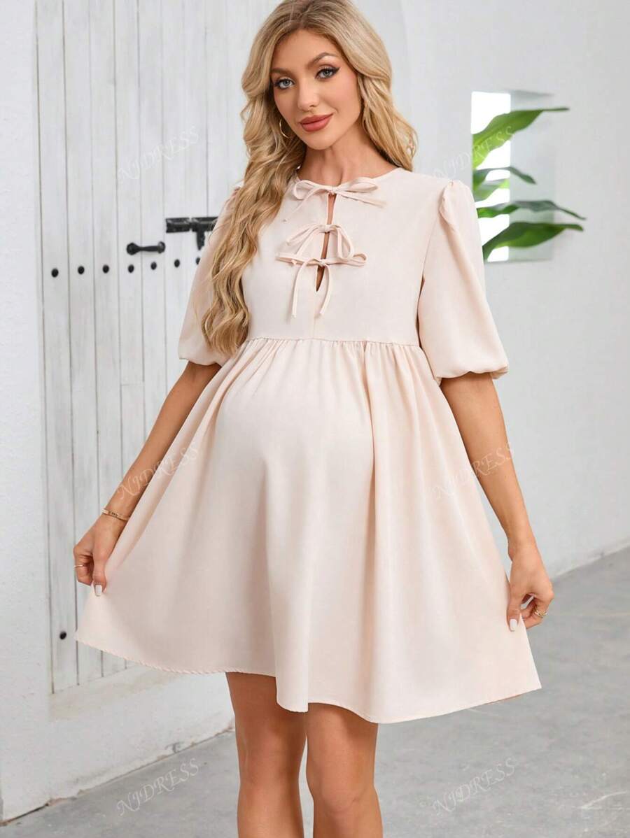 Vestido casual minimalista com babados e amarração frontal lisa para maternidade
