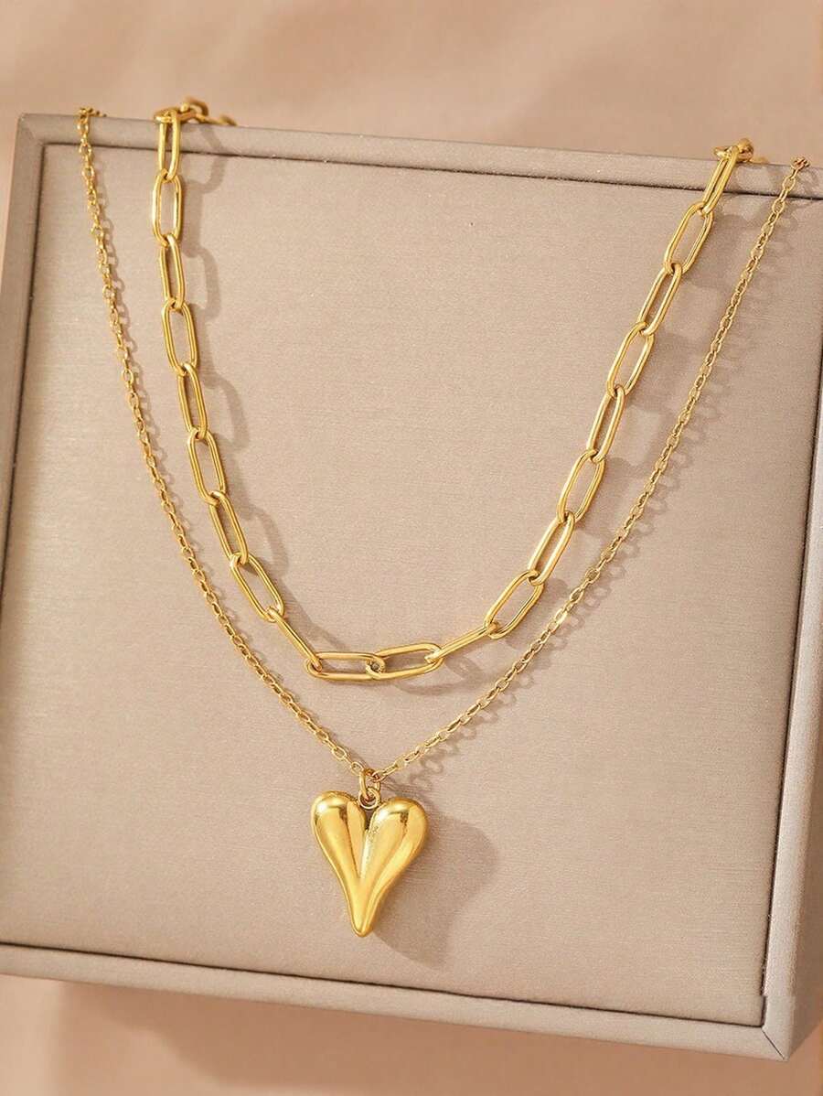 MONALLY Conjunto de 2 collares con colgante de corazón y cadena circular chapado en oro de 18K, acero inoxidable, joyería de oro para mujer, regalo para graduación, baile de graduación, accesorio diario, aniversario