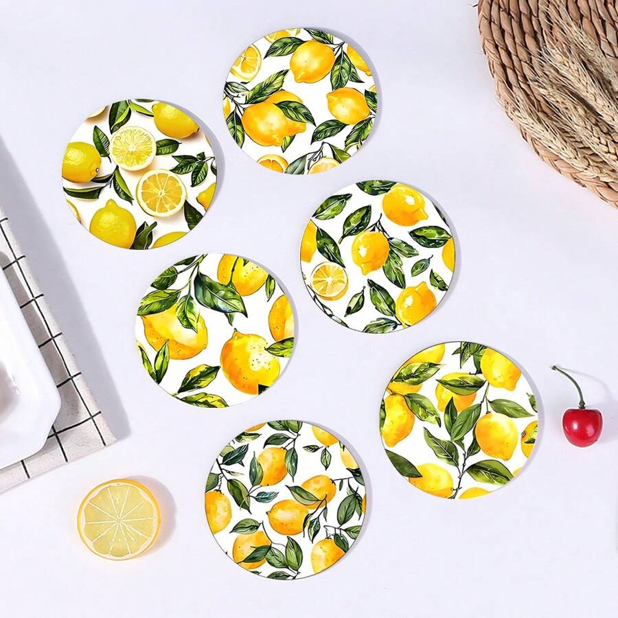 6pcs/Set Or 12pcs/Set Summer Lemon Pattern Coasters, Made Of Rubber Material With Non-Slip Backing, Suitable For Home Kitchen Or Bar Decoration, Fit For Holiday Gatherings, Cafes, Bookstores, Kitchens And Daily Home Decor