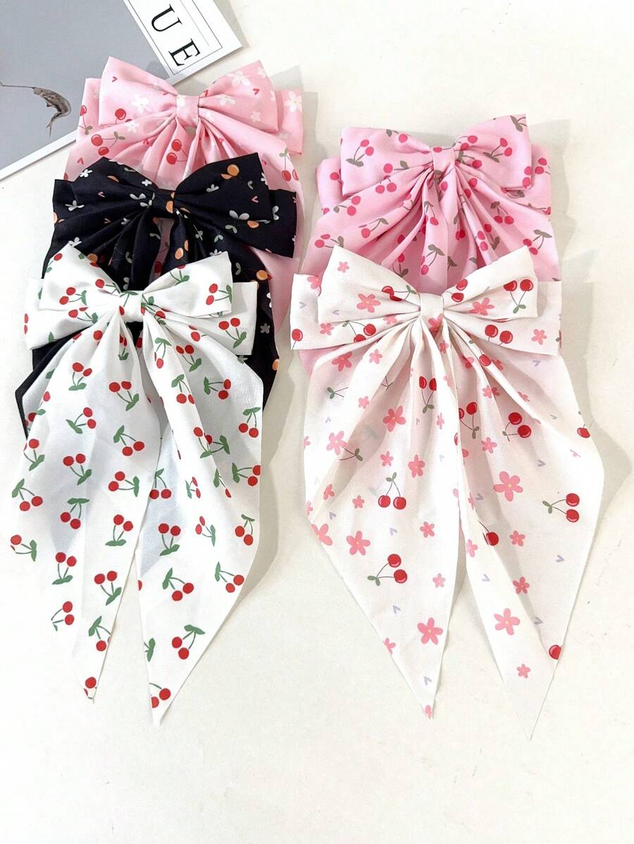 5pcs Cherry Print Bowknot Spring Clip Floral Hair Clips, Sweet Flower Headpieces For Spring/Summer Party, Fruit & Vegetable Design, Bohemian Style Synthetic Fiber ,Hair Accessory ,Travel, Claw Clips, Hair Slide, Hair Claws