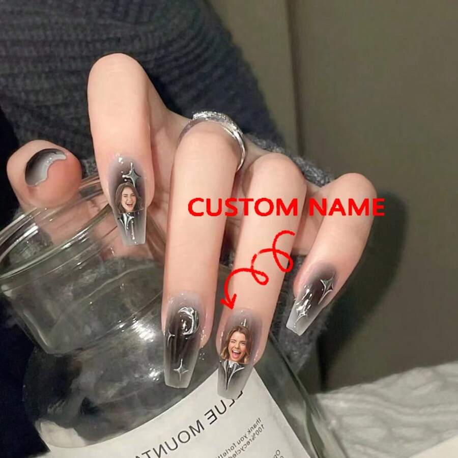 Calcomanías para uñas con diseño lunar y de estrellas inspirado en el estilo 'Dark Baddie', uñas postizas de ballet medianas-largas