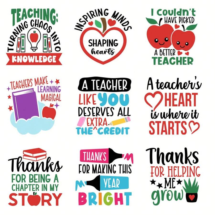 School Thank You Teacher Quotes Theme UV DTF Transfer Paper For DIY Coffee Mugs 9pcs - Bright, Waterproof, Self-Adhesive Transfer Paper With Teacher Text, Perfect For Teacher's Day Gifts