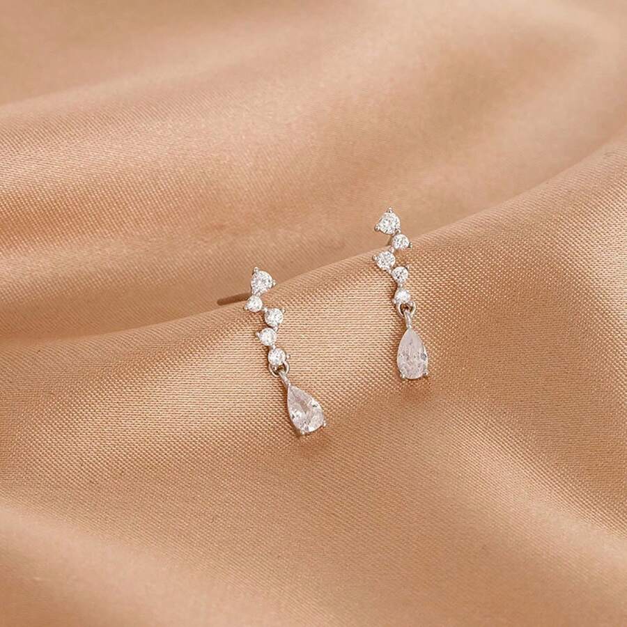 1 par de pendientes colgantes con borla de circonita cúbica larga, elegantes pendientes de tuerca de cobre con circonita para mujer, versátiles