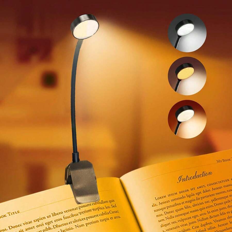 1 pieza Mini lámpara recargable para protección ocular, adecuada para lectura en la cama, lámpara de estudio en dormitorio - 3 temperaturas de color, brillo regulable sin escalones, iluminación para estudiantes, mini lámpara con clip ligera, regalo perfecto para amantes de los libros