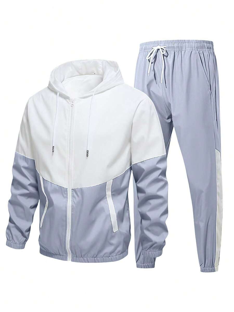 Conjunto de chaqueta con capucha y pantalones deportivos de 2 piezas para hombre, estilo informal con colores contrastados