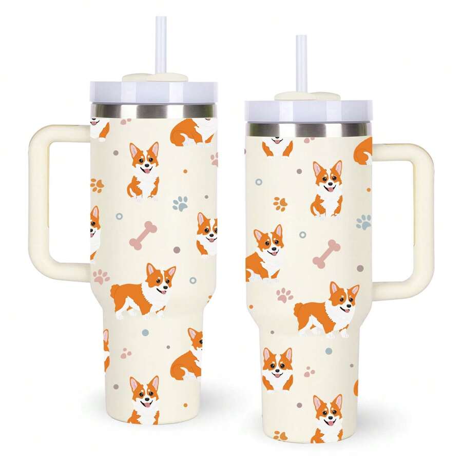 1 Pc Cute Little Fox Tumbler Made Of 40oz Stainless Steel, With Handle, Water Cup With Straw Brush, Non-Slip Water Cup, Portable Multifunctional Water Bottle, Holiday Gift.