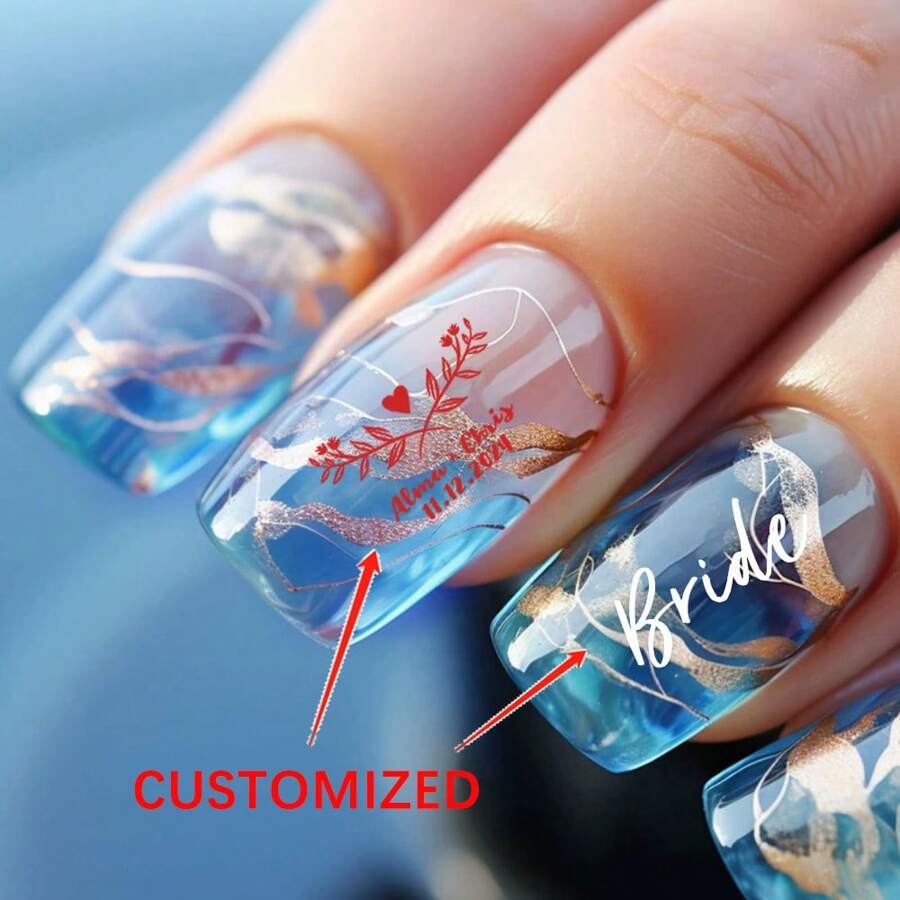 Uñas postizas con diseño de línea de hilo dorado y teñido anudado azul corto