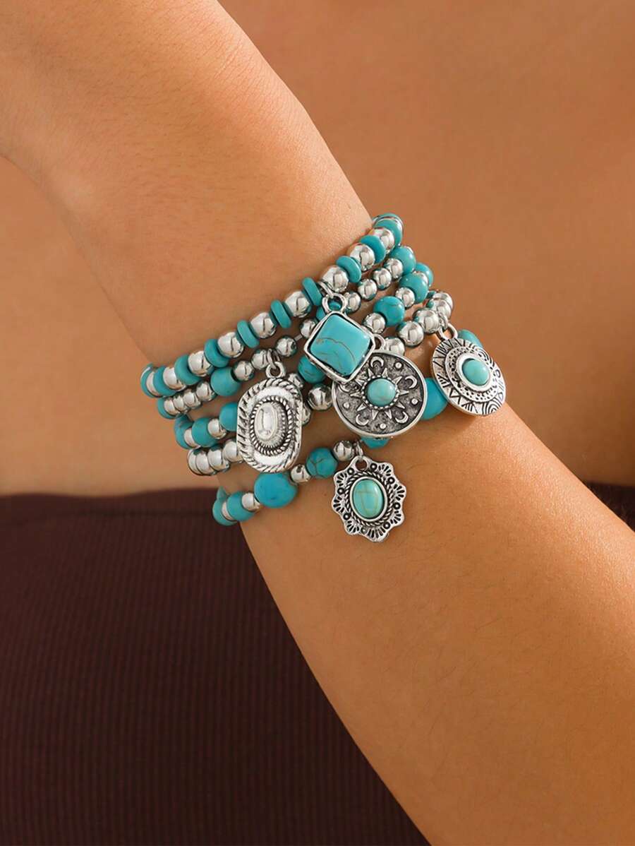 5 Pieces/Set Of Bohemian Imitation Turquoise Vintage Bracelet Advanced Design Sense Personalized Beaded Bracelet Set