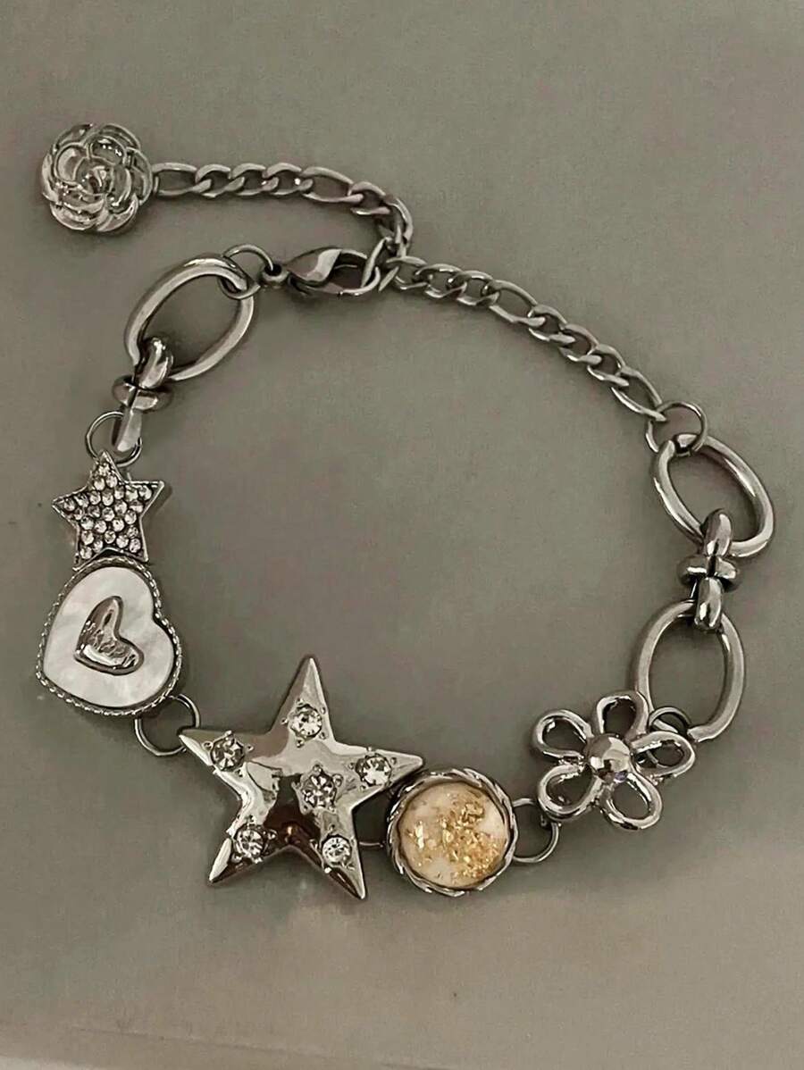 1pc Fashionable Retro Y2K Hiphop Star Heart Decor Chain Bracelet For Women, Versatile For Summer, Holiday Party, Beach, Dance