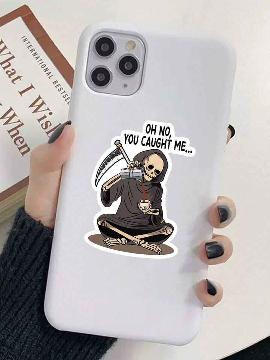 1/3pcs "Oh No You Caught Me" Humorous Stickers, Cartoon Funny Skeleton Drink Coffee Lover Die-Cut, Suitable For Laptop, Water Bottle, Journal, Skins, Guitars, Helmets, Office Supplies, School, Skateboards, Luggage, Water Bottle, And Other Funny Decal