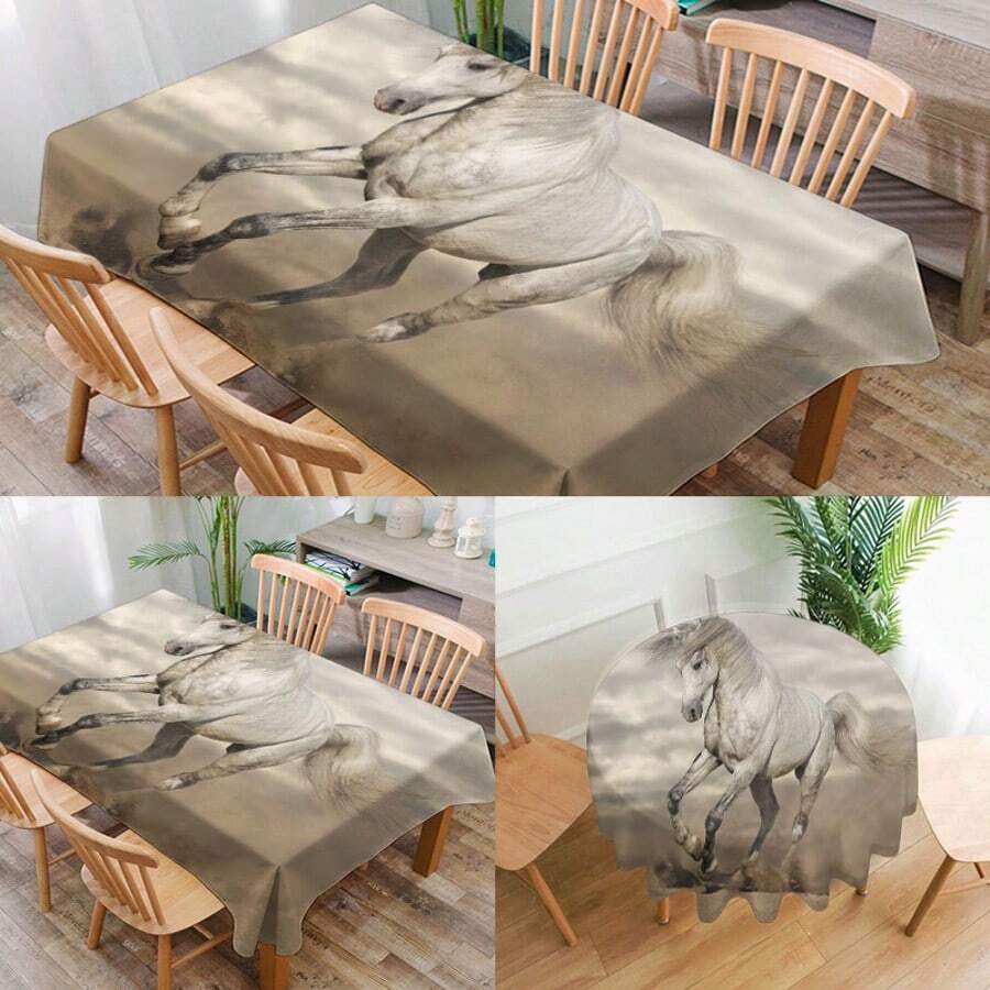 1pc Horse Pattern Printed Tablecloth, Modern Polyester Rectangular/Round Waterproof Tablecloth, Digital Printing Suitable For Living Room, Outdoor Dining Table, Small Round Table