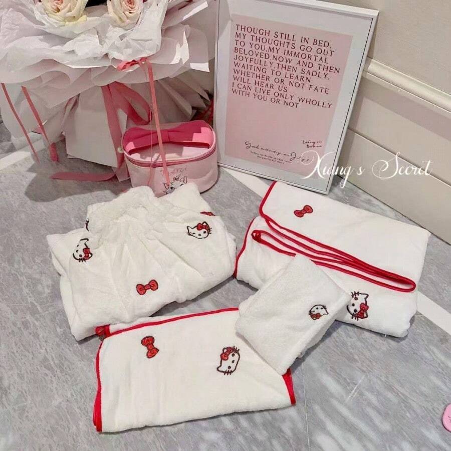 Sanrio 1 pièce Ensemble de serviettes - Ensemble de serviettes de bain en polaire de corail avec motif de chaton, serviette de douche douce et absorbante, cadeau pour un anniversaire