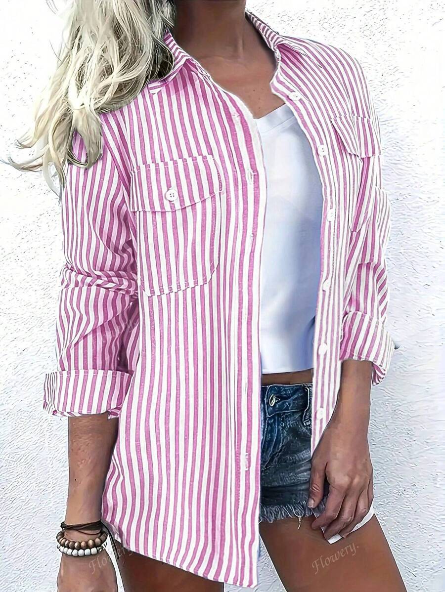 Camisa de manga larga con botones y rayas de nueva llegada para mujer - Mezcla de algodón suave, bolsillos dobles, ojales para las mangas, lavable a máquina - Para uso casual, ir al trabajo y los fines de semana en todas las estaciones - Adecuado para usar de forma casual en primavera y otoño