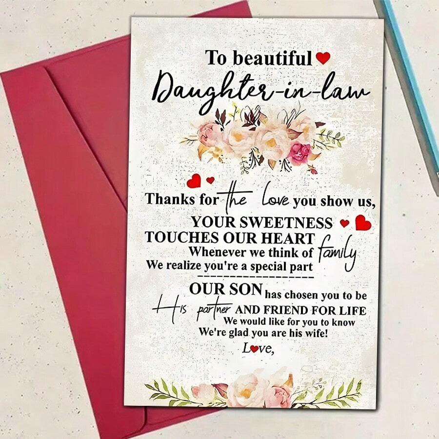 1pc "Beautiful Daughter-In-Law" Heartfelt Birthday Greeting Card With Envelope (12x17cm), Personalized Paper Card For Family, Friends, Unisex, Small Business Supplies, Thank You Note, Birthday Decor, Textual Card For Anyone