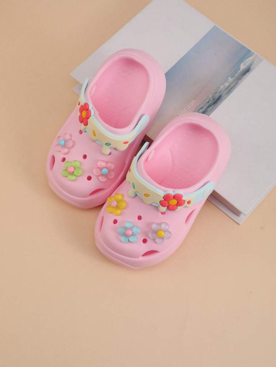1 Pair White Round Toe Floral Decor Princess Style EVA Soft Material, Waterproof Anti-Slip Lightweight Breathable Flat Baby Sandals, Suitable For Summer Beach & Outdoor