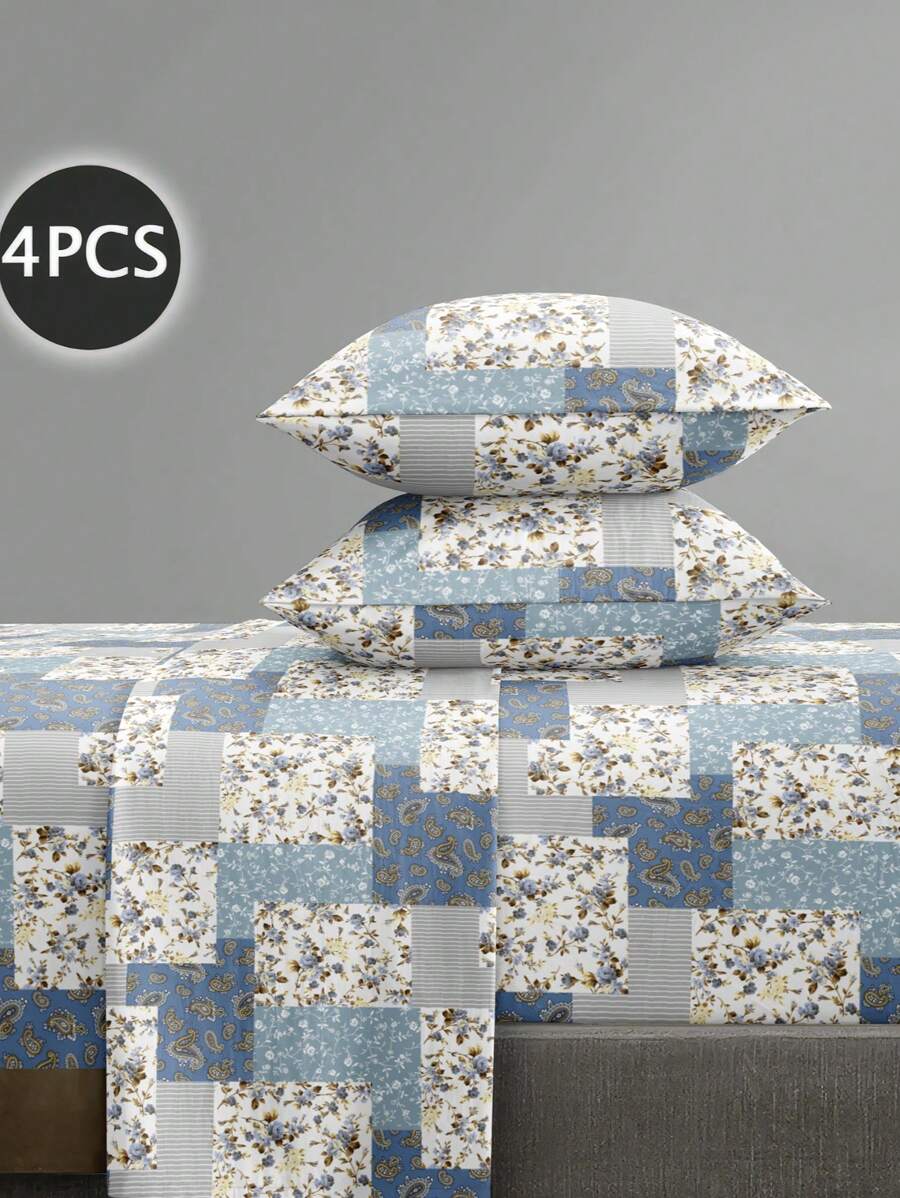 4 pièces/Set Ensemble de draps à motif de fleurs à feuilles de paisley bleu. Ensemble de literie microfibre doux et facile d'entretien (1 pièce drap plat + 1 pièce drap-housse + 2 taies d'oreiller). Tailles disponibles : grand lit, lit queen, lit double, lit jumeau. Taies d'oreiller avec poches profondes jusqu'à 30 cm. Doux, respirant et sans froissage, pour un meilleur sommeil. Style d'hôtel de luxe. Idéal comme cadeau pour maman, papa, ami, chambre d'étudiant.