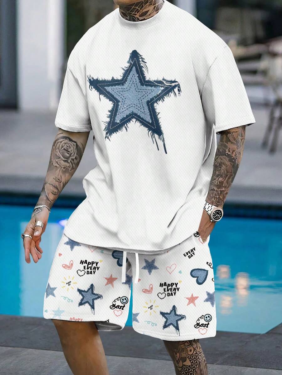 2 piezas Conjunto informal de verano para hombre, camiseta de cuello redondo con bloques de color y conjunto de pantalones cortos con cordón, traje de playa y entrenamiento, tallas grandes