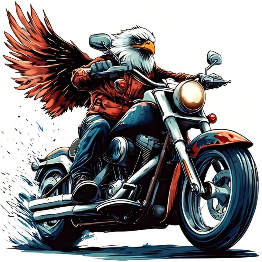 1pc/2pcs/4pcs A White-Feathered Eagle Rides A Motorcycle Adorned With Unique Designs And Hot-Spin Stickers, Perfect For Custom T-Shirts, Tracksuits, Jeans, Bags, Purses, Cushion Covers, And Vintage Baseball Caps. These Plastic Stickers Are Do Not Fade After Washing.
