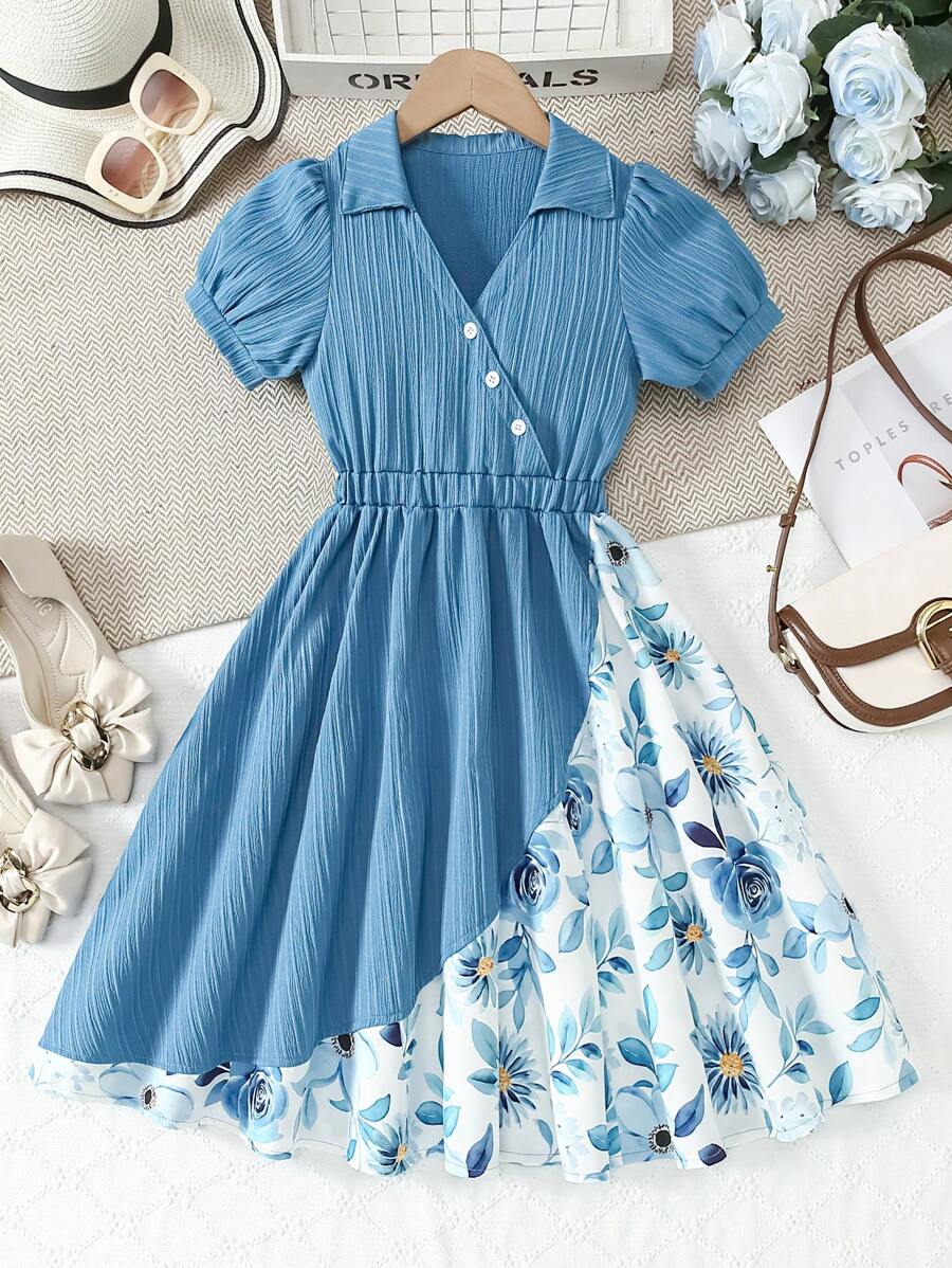 Tween Girls' Solid Color Patchwork Puffed Sleeve V-Neck Dress