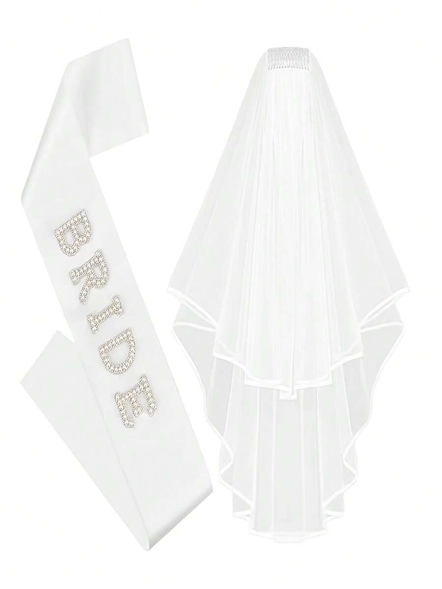 1 Conjunto Alça de Véu de Noiva, Fita de Cetim com Letra de Pérola Artificial, Decoração de Vestido de Noiva, Véu de Noiva, Adequado para Casamento e Despedida de Solteira