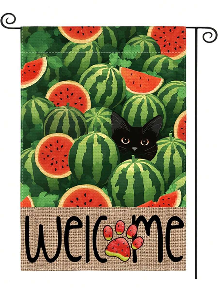 12 X 18 Inch Watermelon Summer Garden Flag, Double-Sided Outdoor, Black Cat Welcome Flag, For Outdoor Yard