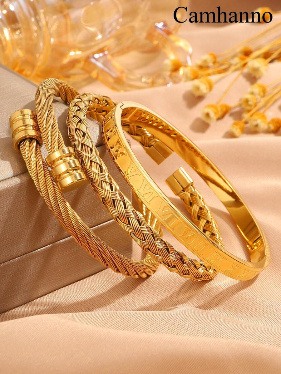 Camhanno 3 piezas de pulsera clásica de acero inoxidable con diseño romano retro y trenzado, adecuada para uso diario y como regalo para el novio en fiestas