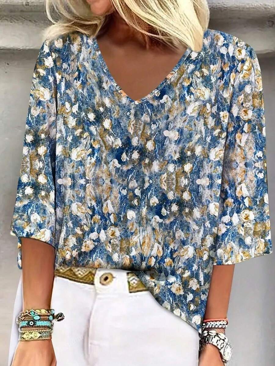 Floral Print V-Neck 3/4 Sleeve T-Shirt, Vacation & Daily Casual Women Apparel