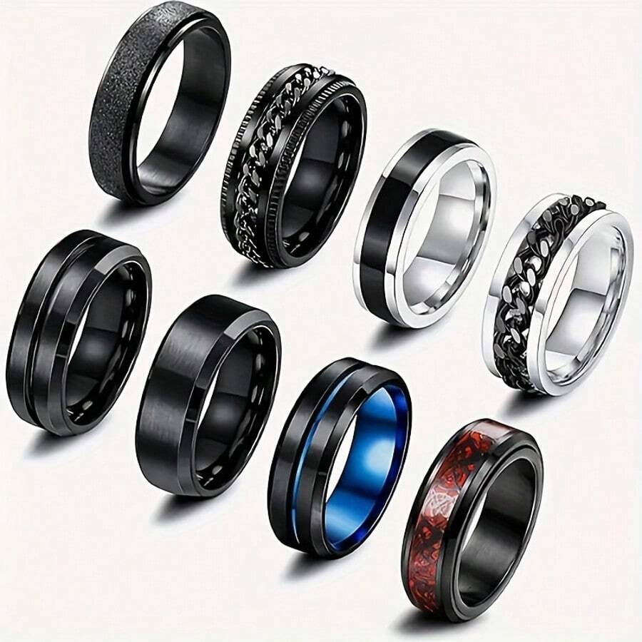 8pcs Men's Stainless Steel Ring Set - Vintage Style, Rotating Fingertip Ring For Anxiety Relief, Wedding And Engagement Rings