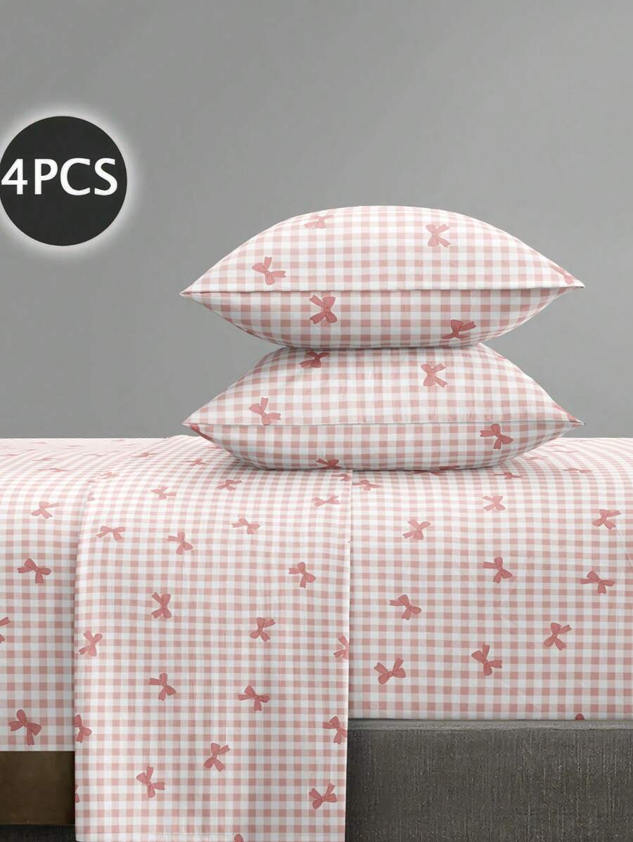 4pcs/Set Pink Plaid Bow Knot Pattern Sheet Set Easy Care Microfiber Soft Bedding Set Floral Fitted Sheet Set (1pc Flat Sheet+1pc Fitted Sheet+2pcs Pillowcases) Fitted Sheet Set King Queen Full TWIN SIZE Sheet Deep Pocket Up To 11.8 Inch Pillowcase, Soft Breathable Wrinkle-Free Better For Sleep, Luxury Hotel Style, Gift For Mom Dad Friend Domitory Bedding Back School Bedding